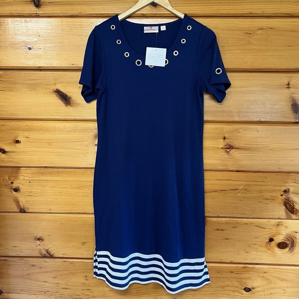 Quacker Factory Womans Medium Blue Short Sleeve Striped Dress Nautical Coastal